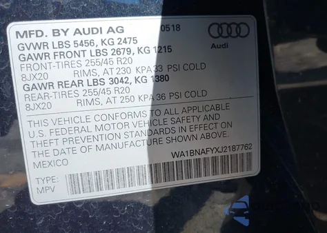 2018 Audi Q5 2.0T Premium/2.0T Tech Premium z USA, uszkodzony, nr VIN WA1BNAFYXJ2187762